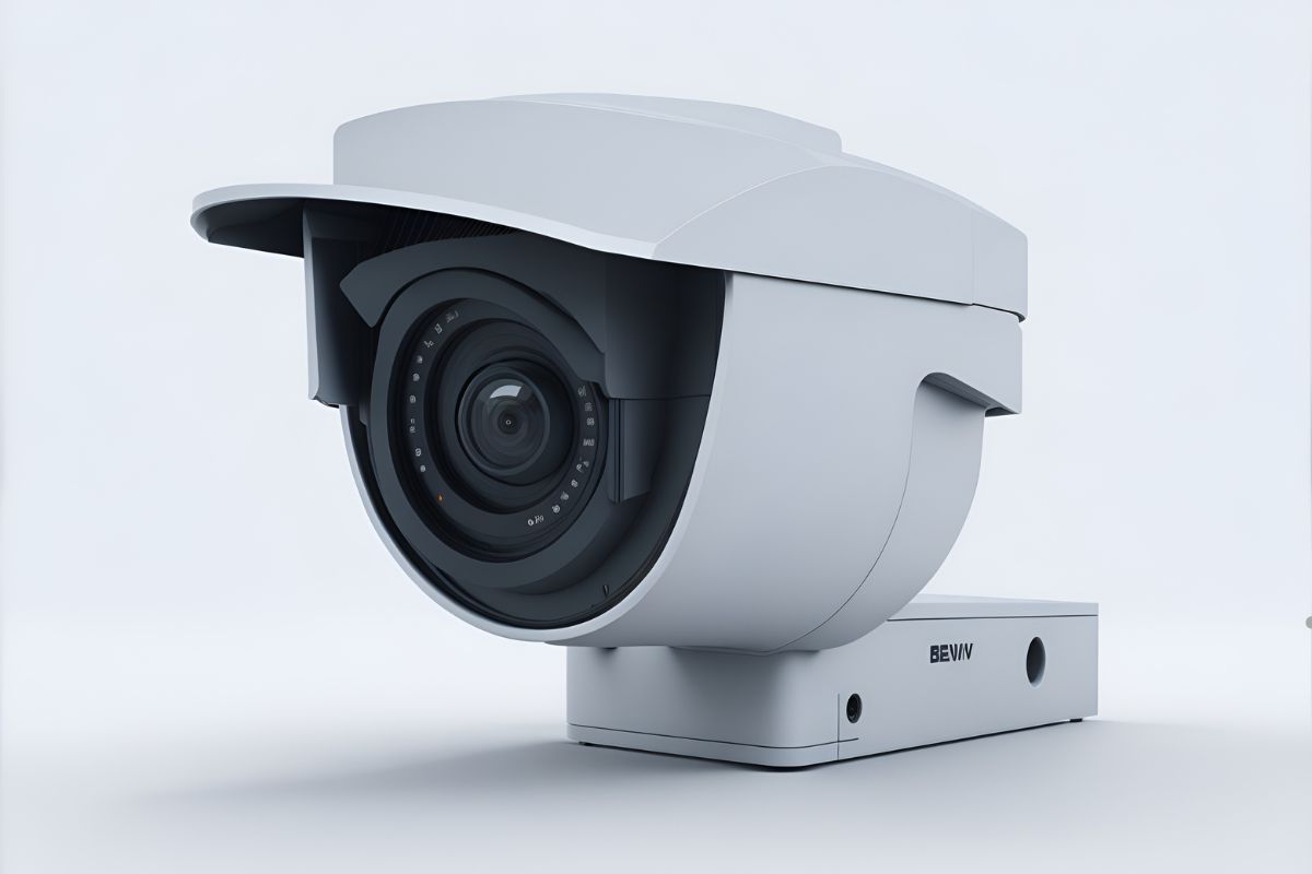 A white security camera featuring a prominent lens, mounted for surveillance purposes.
